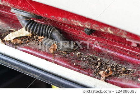Dirt, mud, dust, pollen and other debris in opening of car left outside for long time during spring 124896385