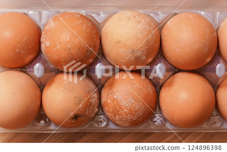 Mould / mildew growing on spoiled eggs stored improperly in cold and wet fridge for long time 124896398