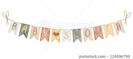 Watercolor illustration of a garland with flags. Drawing of Bunting for newborn party with Baby shower text. Pennants in boho colors for childish greeting cards or kids invitations. Hanging banner. Watercolor illustration of a garland with flags. Drawing of Bunting for newborn party with Baby shower text. Pennants in boho colors for childish greeting cards or kids invitations. Hanging banner. 124896799