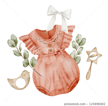 Watercolor Baby girl set with a coral pink Romper, bow, wooden toys, and greenery. Drawing of childish dress for baby shower invitations or newborn greeting cards. Illustration of kid bodysuit. 124896802