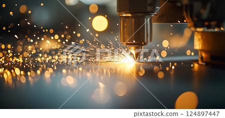 Industrial laser cutting process, flying sparks in a modern manufacturing facility 124897447