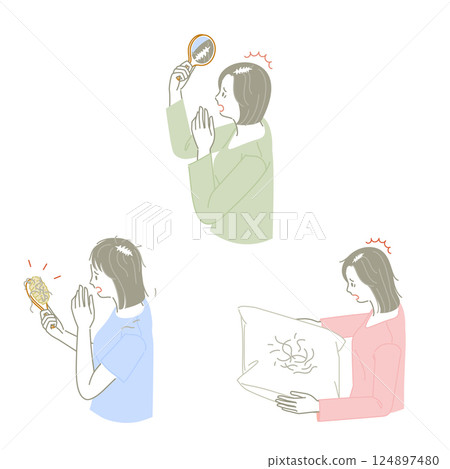 Illustration set of a woman suffering from thinning hair and hair loss 124897480