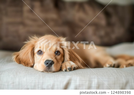 枕頭上的小狗，舒適悠閒的氛圍 124898398