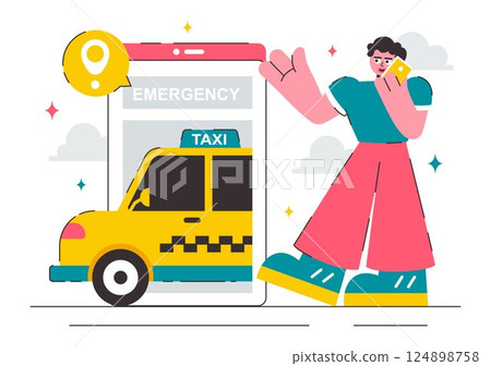 Emergency Taxi Service Vector Illustration Featuring a Taxi Car Called via Mobile Apps with Location Markers for Urgent Delivery or Emergency Calls Emergency Taxi Service Vector Illustration Featuring a Taxi Car Called via Mobile Apps with Location Markers for Urgent Delivery or Emergency Calls 124898758