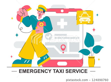 Emergency Taxi Service Vector Illustration Featuring a Taxi Car Called via Mobile Apps with Location Markers for Urgent Delivery or Emergency Calls 124898760