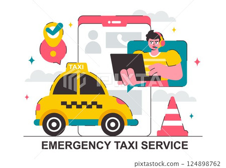 Emergency Taxi Service Vector Illustration Featuring a Taxi Car Called via Mobile Apps with Location Markers for Urgent Delivery or Emergency Calls 124898762
