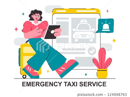 Emergency Taxi Service Vector Illustration Featuring a Taxi Car Called via Mobile Apps with Location Markers for Urgent Delivery or Emergency Calls 124898763