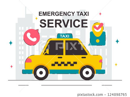 Emergency Taxi Service Vector Illustration Featuring a Taxi Car Called via Mobile Apps with Location Markers for Urgent Delivery or Emergency Calls Emergency Taxi Service Vector Illustration Featuring a Taxi Car Called via Mobile Apps with Location Markers for Urgent Delivery or Emergency Calls 124898765