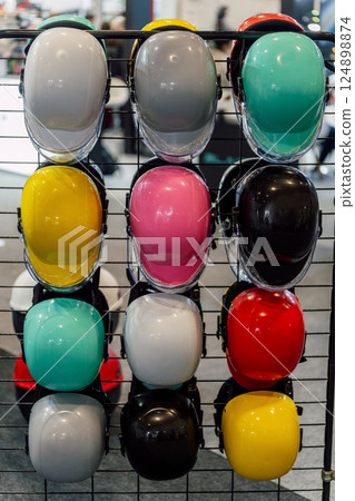 motorcycle helmet on display at the market. motorcycle equipment fair 124898874