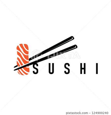 japanese chinese food design simple sushi logo with sushi and chopstick silhouette concept for food business, restaurant, bar sushi template illustration 124900240