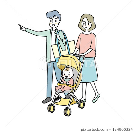 一對夫婦帶著嬰兒和嬰兒車外出的插圖 124900324