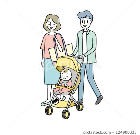 一對夫婦帶著嬰兒和嬰兒車外出的插圖 124900325
