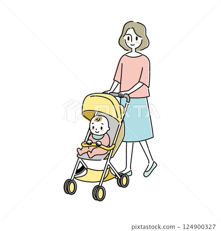 一位母親推著嬰兒車帶著寶寶外出的插圖 124900327