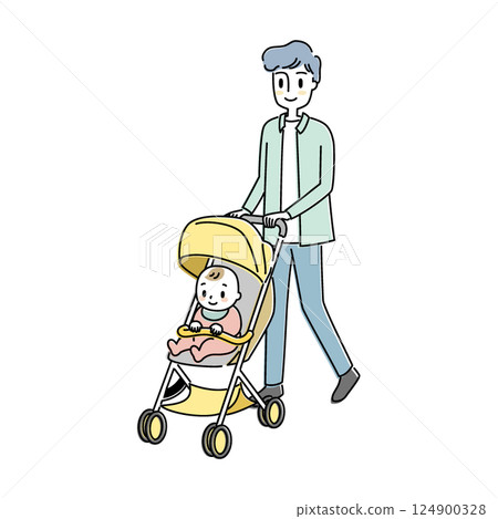 一位父親推著嬰兒車帶著嬰兒外出的插圖 一位父親推著嬰兒車帶著嬰兒外出的插圖 124900328