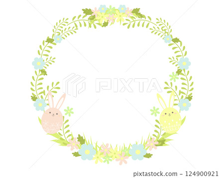 Cute rabbit-shaped Easter eggs and plant wreath 124900921