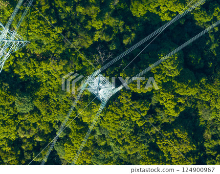 Aerial view of high voltage electric tower in forest Aerial view of high voltage electric tower in forest 124900967