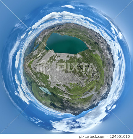 Aerial view of beautiful high altitude mountain and lake landscape 124901010