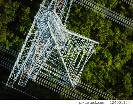 Aerial view of high voltage electric tower in forest 124901164