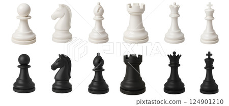 Set of black and white chess pieces 124901210