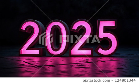 3d neon numbers 2025. New Year holidays background. 3d illustration. 124901344