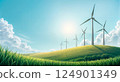 Environmental Background,Spring landscape green field with windmill on mountain,blue sky,cloud, 124901349
