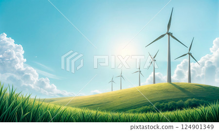 Environmental Background,Spring landscape green field with windmill on mountain,blue sky,cloud, 124901349