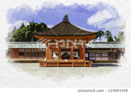 水彩畫風格:岐阜縣垂井町南宮神社高女殿 水彩畫風格:岐阜縣垂井町南宮神社高女殿 124901406