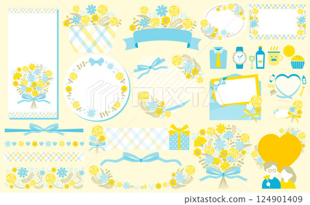 Father's Day title frame material, icon illustration, background set yellow decorated with roses, sunflowers, ribbons, etc. 124901409