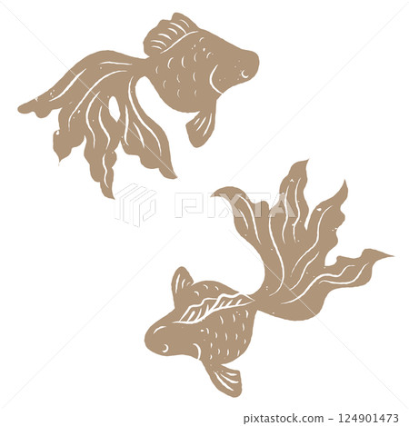 簡單的金魚輪廓，日式風格，木版畫風格 124901473