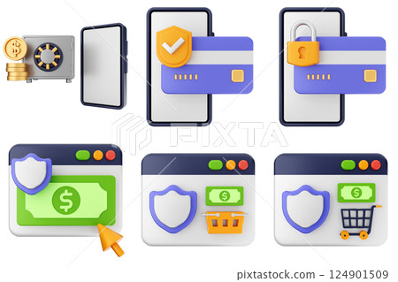 3d payment money protection security icon illustration set bundle 124901509