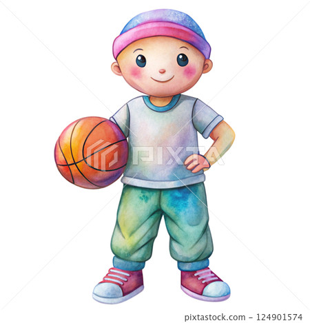 Cute kid wearing Hip hop Cool shoes Basketball watercolor 124901574