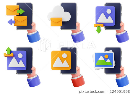 3d hand holding smartphone icon set bundle 124901998