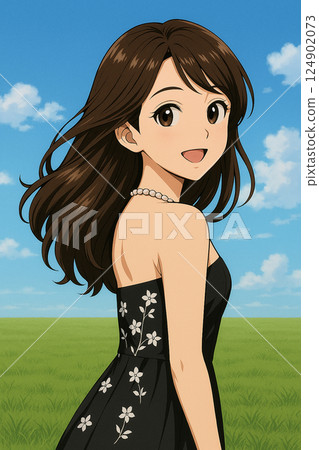 頭髮在草地上飄揚的女人 124902073