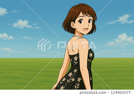 頭髮在草地上飄揚的女人 124902075