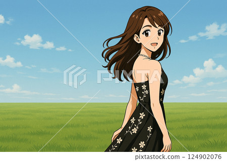 頭髮在草地上飄揚的女人 124902076