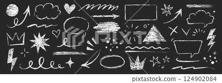 Arrow line chalk brush hand drawn sketch element set. Grunge square, heart, arrow element scribble line brush hand drawn pencil sketch. Texture chalk, crayon pencil style. Vector 124902084