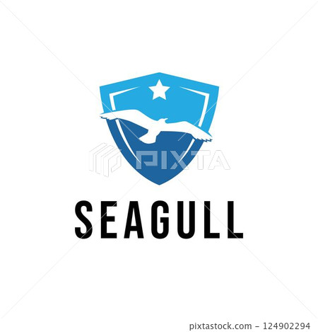 Seagull Bird Flying Freedom with Star Shield Protection Business Logo Template 124902294
