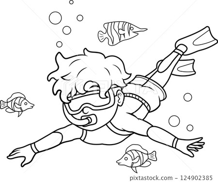 Cartoon little boy diving in underwater line art 124902385