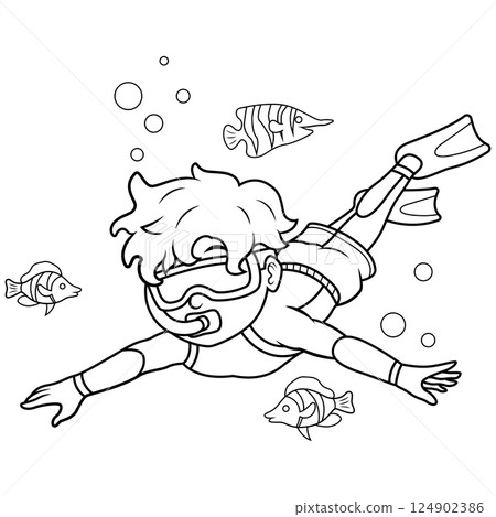 Cartoon little boy diving in underwater line art 124902386