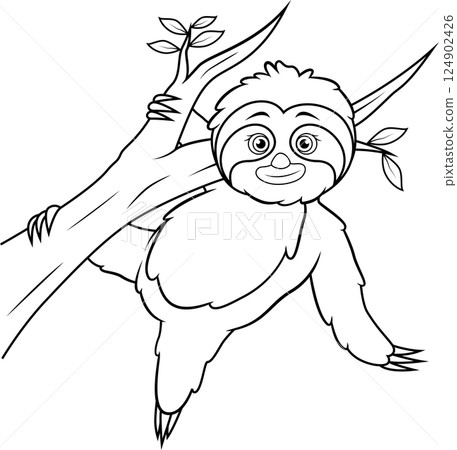 Cartoon sloth hanging on a tree branch line art Cartoon sloth hanging on a tree branch line art 124902426