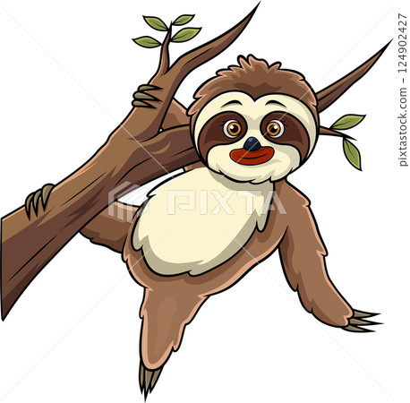 Cartoon sloth hanging on a tree branch Cartoon sloth hanging on a tree branch 124902427
