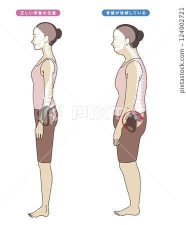 Illustration of a woman lying sideways with good and bad posture and an easy-to-understand skeleton Illustration of a woman lying sideways with good and bad posture and an easy-to-understand skeleton 124902721