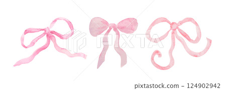 Set of watercolor pink ribbon bow. Hand drawn illustration 124902942
