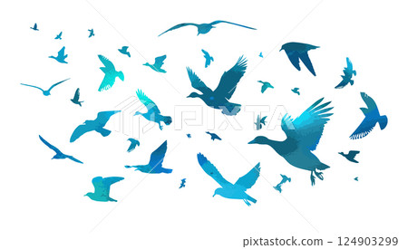 A blue flock of ducks and seagulls flying. hand drawing. Not AI. Vector illustration A blue flock of ducks and seagulls flying. hand drawing. Not AI. Vector illustration 124903299