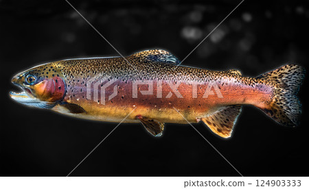 a vibrant trout with distinctive spots and coloration against a dark, blurred background, highlighting the beauty of this freshwater fish, fish in the water 124903333