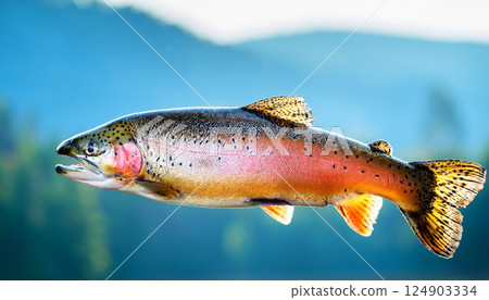 a vibrant trout with distinctive spots and coloration against a dark, blurred background, highlighting the beauty of this freshwater fish, fish in the water 124903334