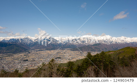 從長野縣高山眺望大町市和北阿爾卑斯山 從長野縣高山眺望大町市和北阿爾卑斯山 124903479