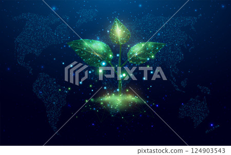Wireframe polygonal plant with globe map. Plant sprout. Growing plant in low poly wireframe style. Abstract modern 3d vector illustration on dark blue background. 124903543