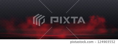 Realistic red smoke or haze, overlay effect on a transparent background. Hot fire and flame, magic fog, vapor on floor. Abstract vector illustration 124903552