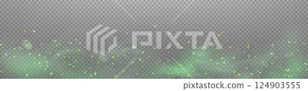 Green glittering dots, particles, stars magic sparks. Dust cloud flare light effect. Green luminous points with smoke. Vector particles on transparent background. 124903555